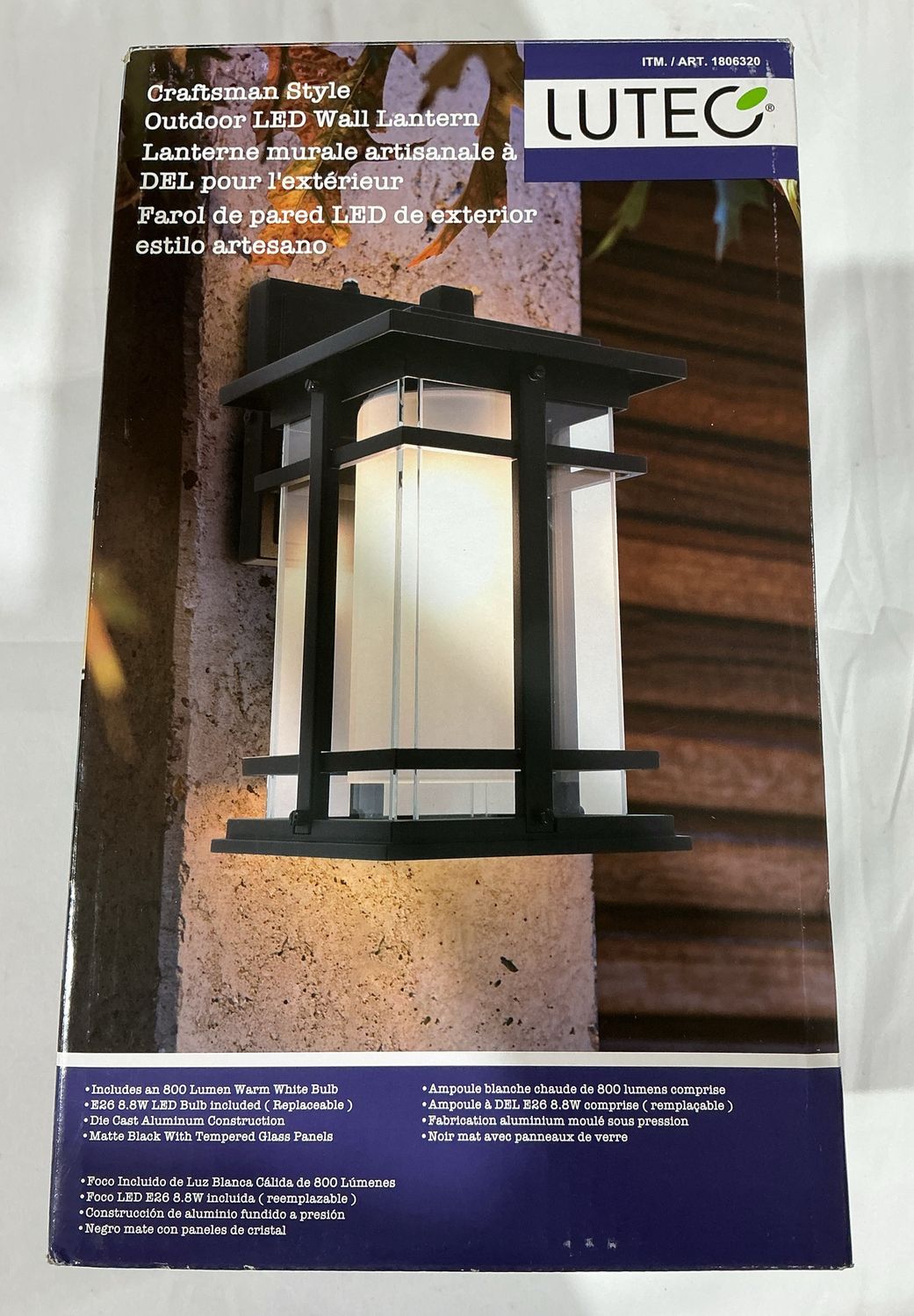 LUTEC Craftsman Style Outdoor LED Wall Lantern – Matte Black with Clear Glass Panels-New