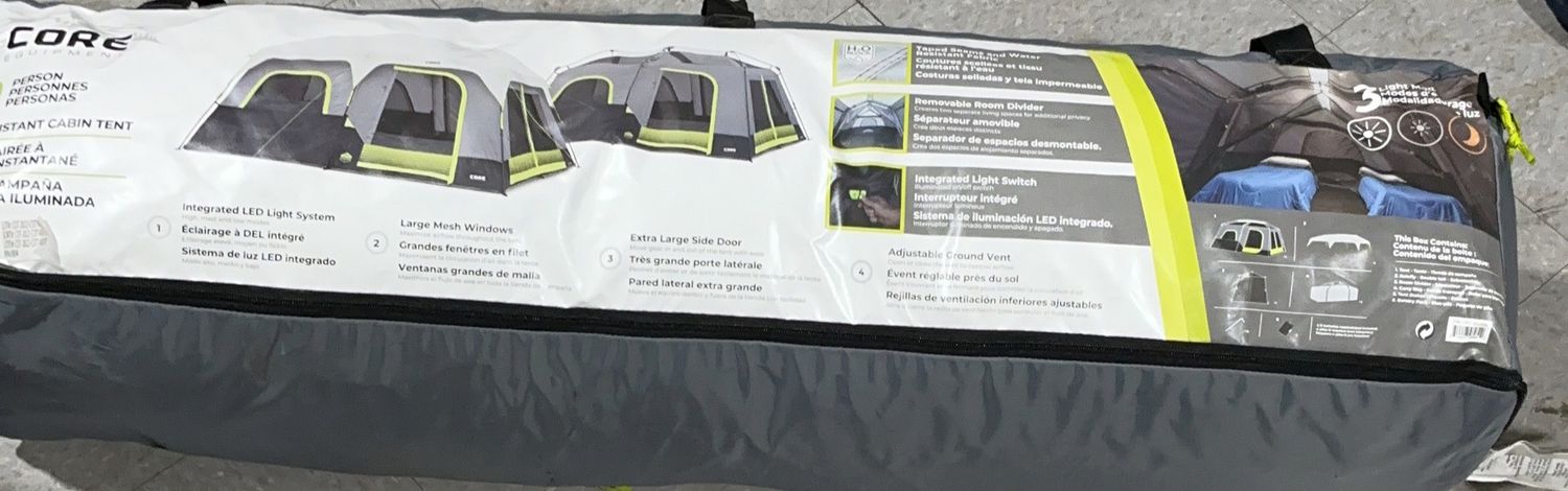 CORE Equipment 10-Person Lighted Instant Cabin Tent – Spacious Family Camping Tent with Built-In LED Lighting-Open Box