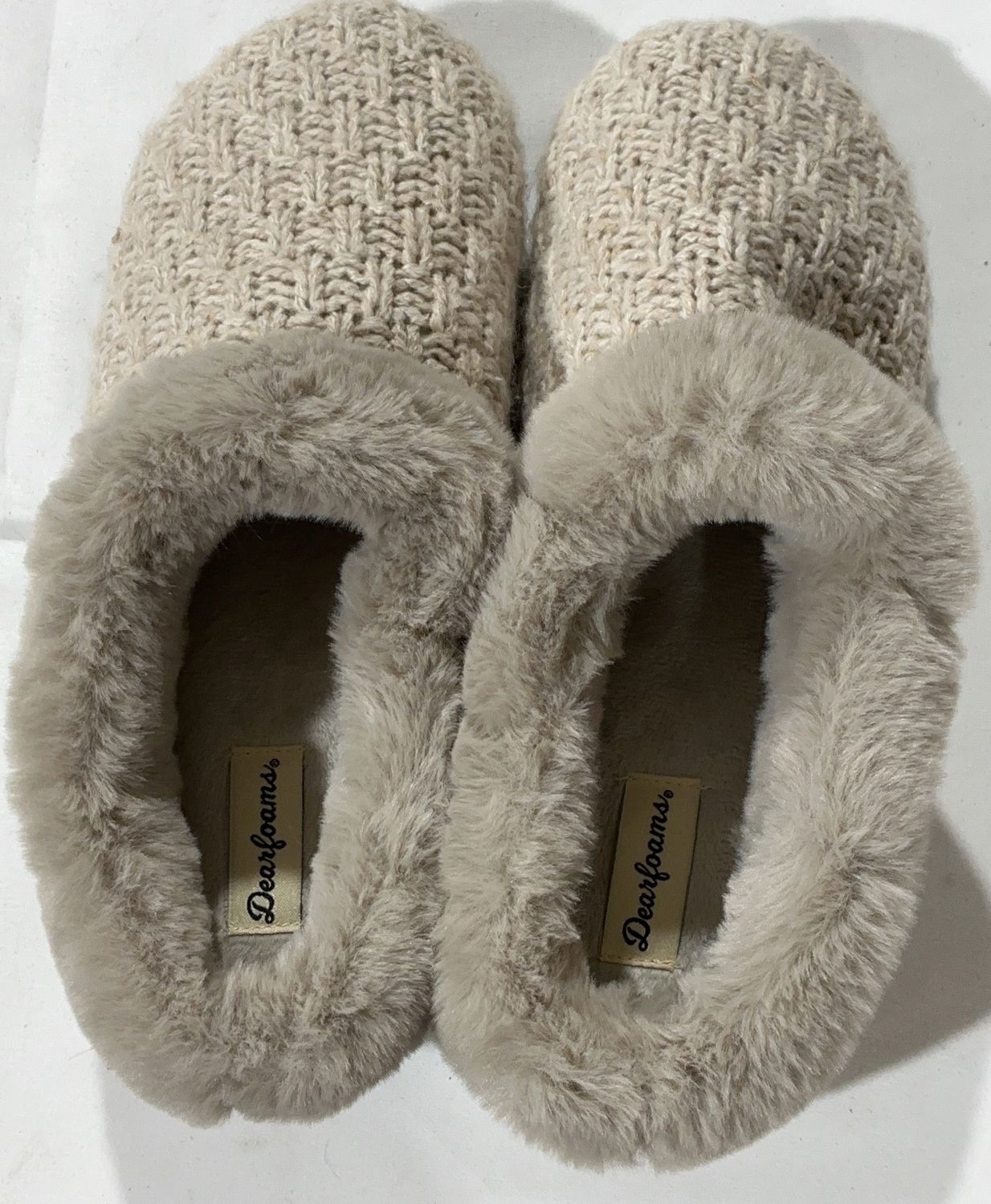 Dearfoams Women’s Knit Clog Slippers with Faux Fur Trim – Cream-Large (11-12)-Open Box