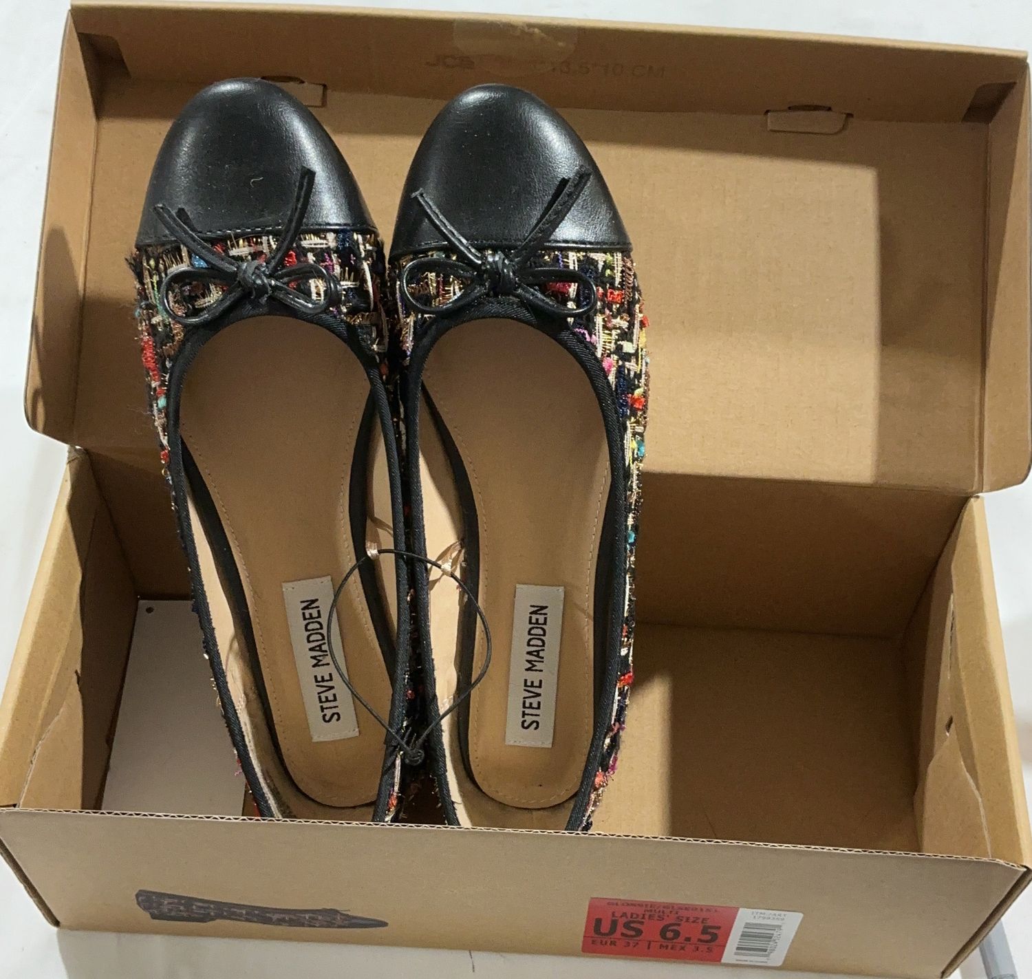 Steve Madden Women’s Tweed Ballet Flats with Bow – Black Multi (Size 6.5)Like New