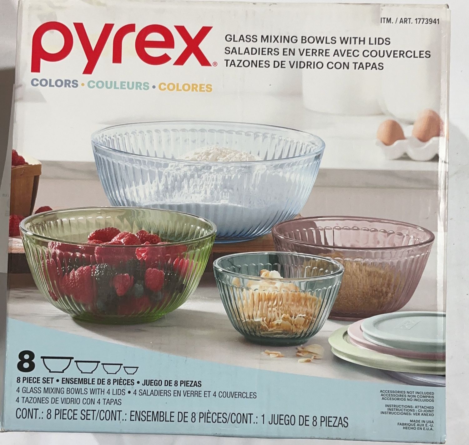 Pyrex Colors Glass Mixing Bowls with Lids – 8 Piece Set new