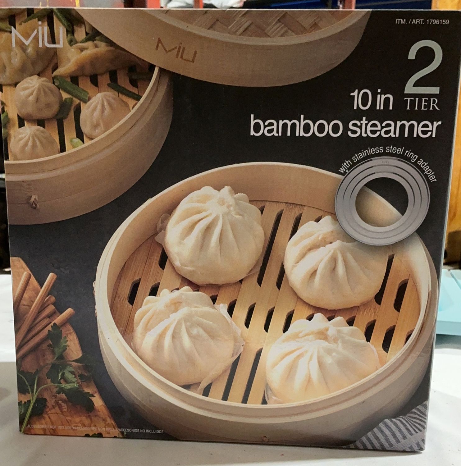 MIU 10-Inch 2-Tier Bamboo Steamer with Stainless Steel Ring Adapter-Like New