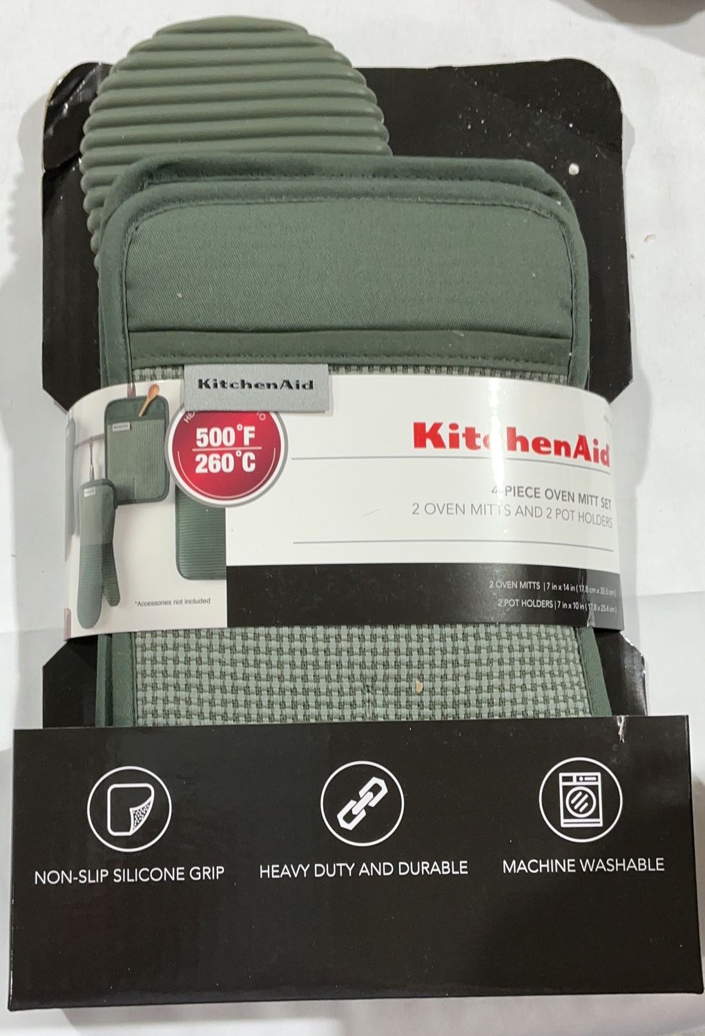 KitchenAid 4-Piece Oven Mitt &amp; Pot Holder Set – Heat Resistant up to 500°F (Sage Green) New