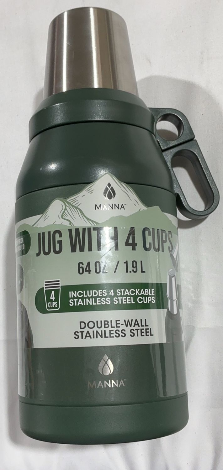 Manna 64 oz Insulated Jug with 4 Stackable Cups – Double Wall Stainless Steel (1.9L) New