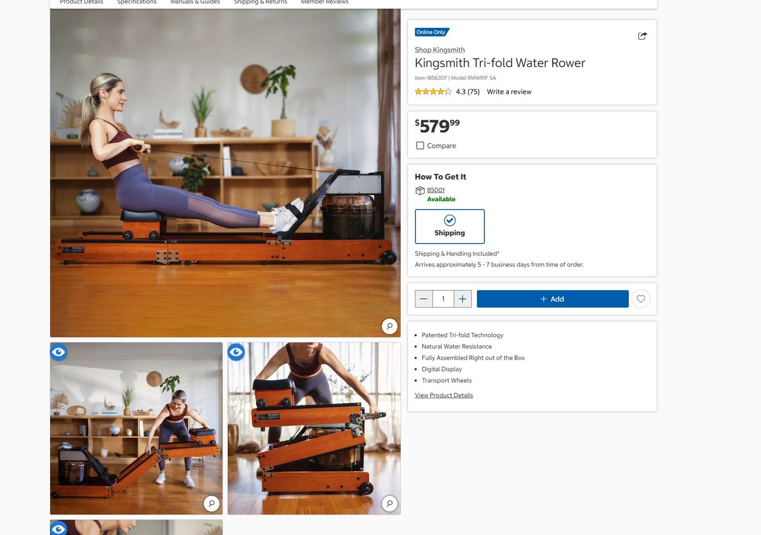 Kingsmith Tri-Fold Water Rower – Compact Rowing Machine for Home Fitness