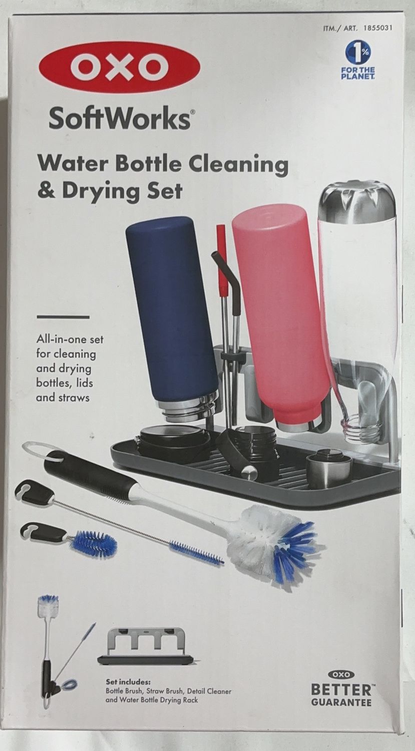OXO SoftWorks Water Bottle Cleaning &amp; Drying Set – Drying Rack with Bottle &amp; Straw Brushes- New