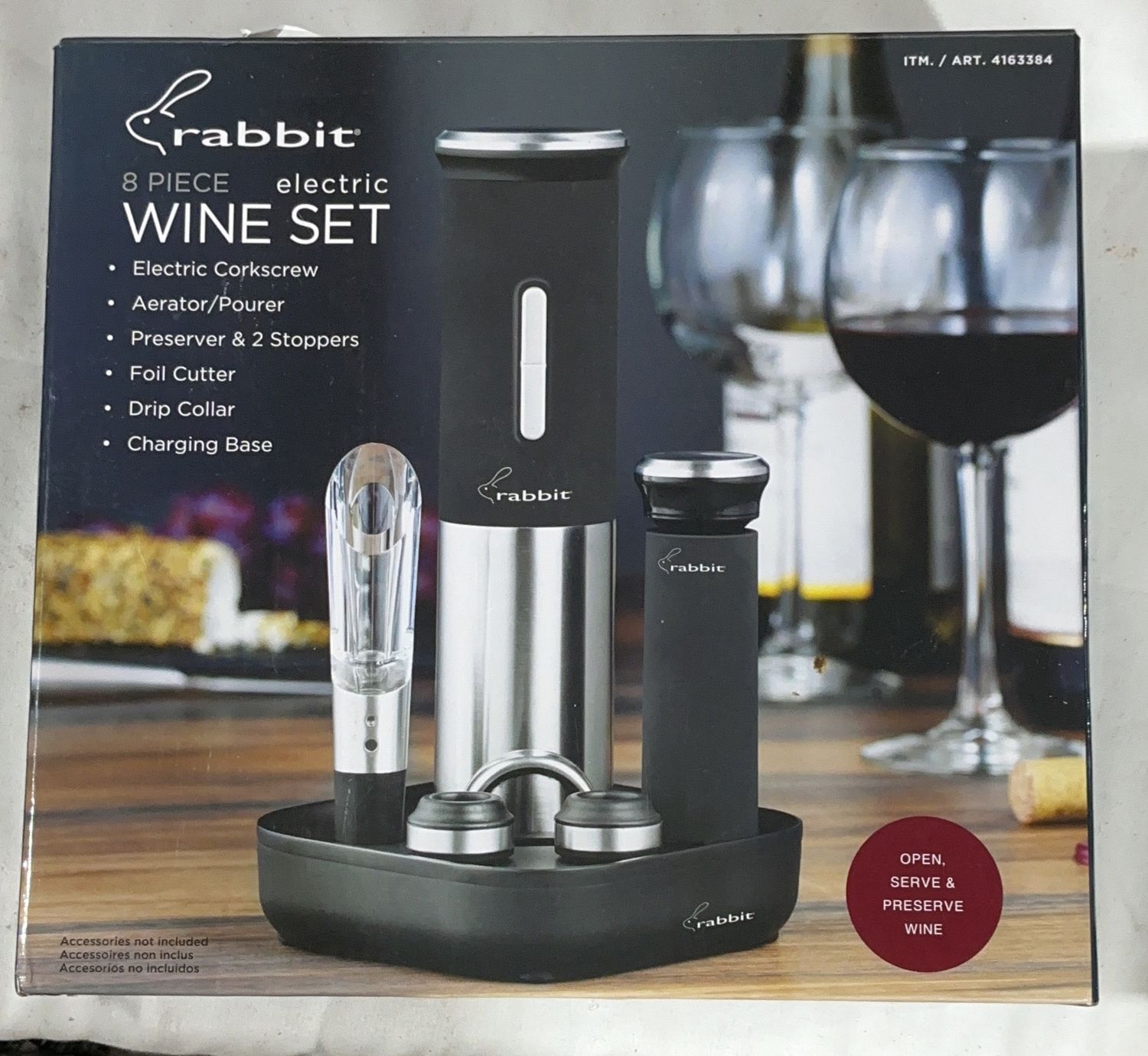 Rabbit 8-Piece Electric Wine Set with Corkscrew, Aerator &amp; Preserver-Like New