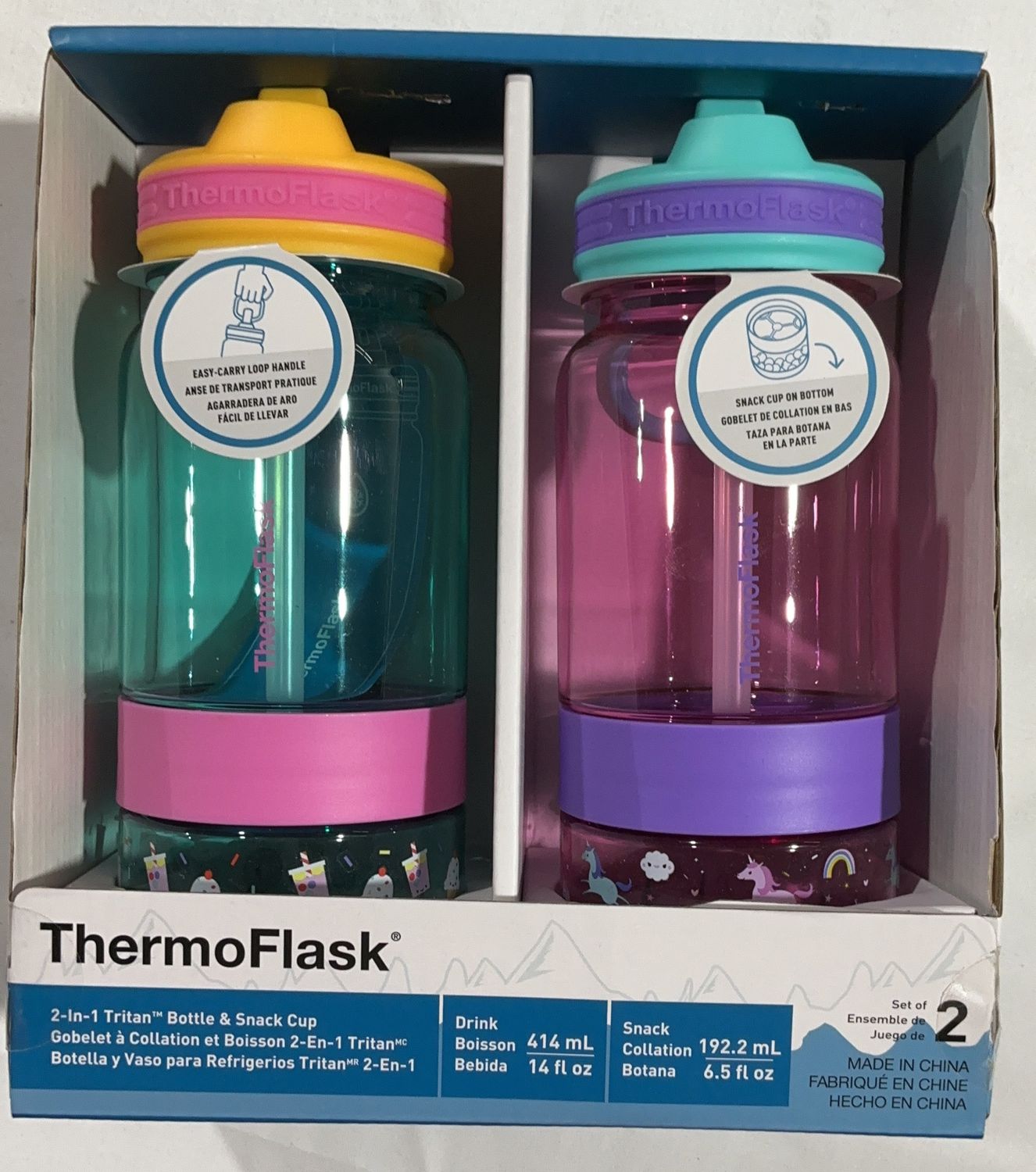 ThermoFlask 2-in-1 Tritan Kids Bottle &amp; Snack Cup Set – 14 oz Drink + 6.5 oz Snack – Set of 2 - New
