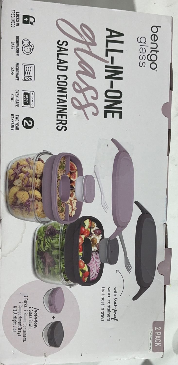 Bentgo Glass All-in-One Salad Container Set – 2-Pack with Dressing Cups - New