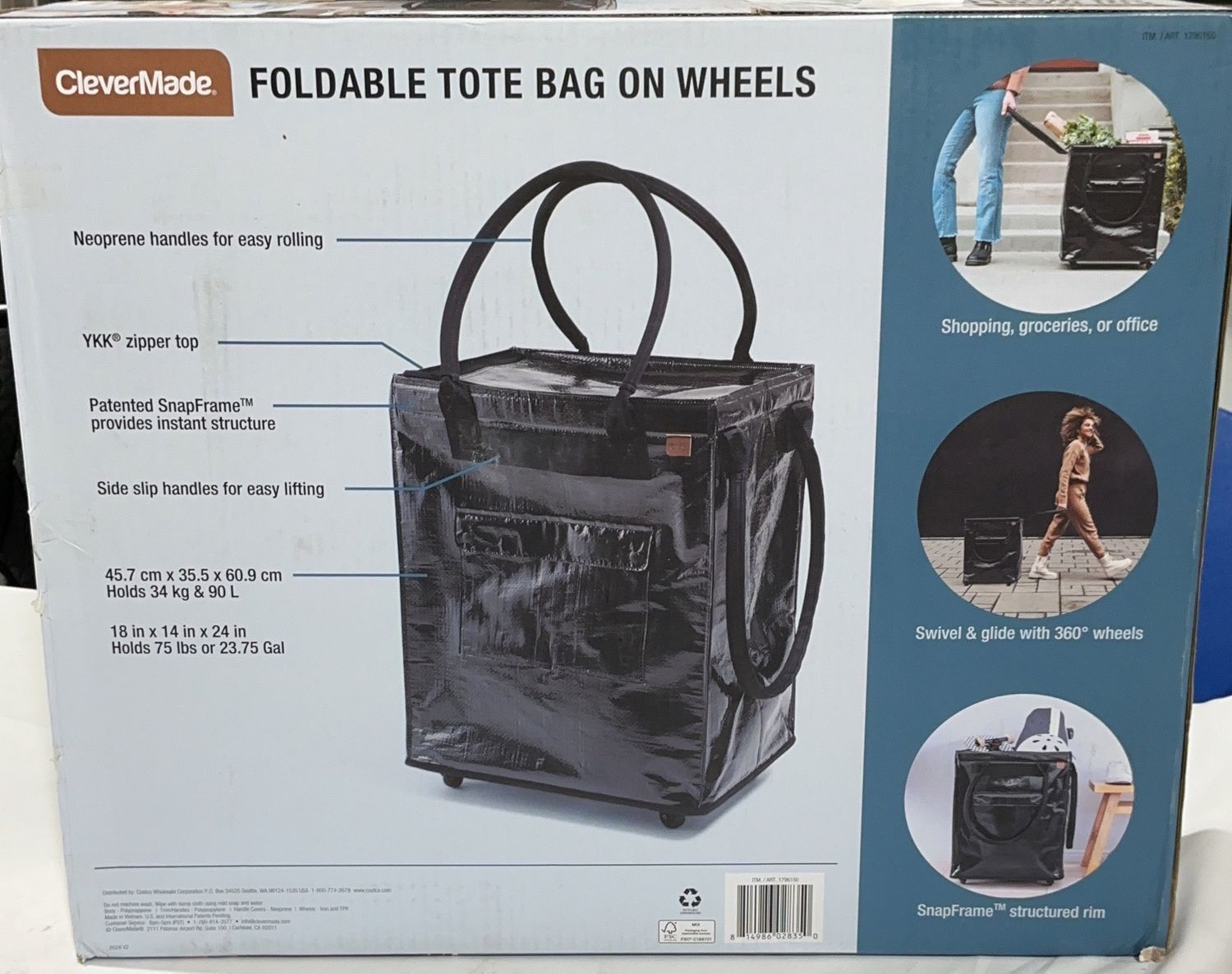 CleverMade Foldable Tote Bag on Wheels – Heavy-Duty Rolling Utility Tote - Open Box