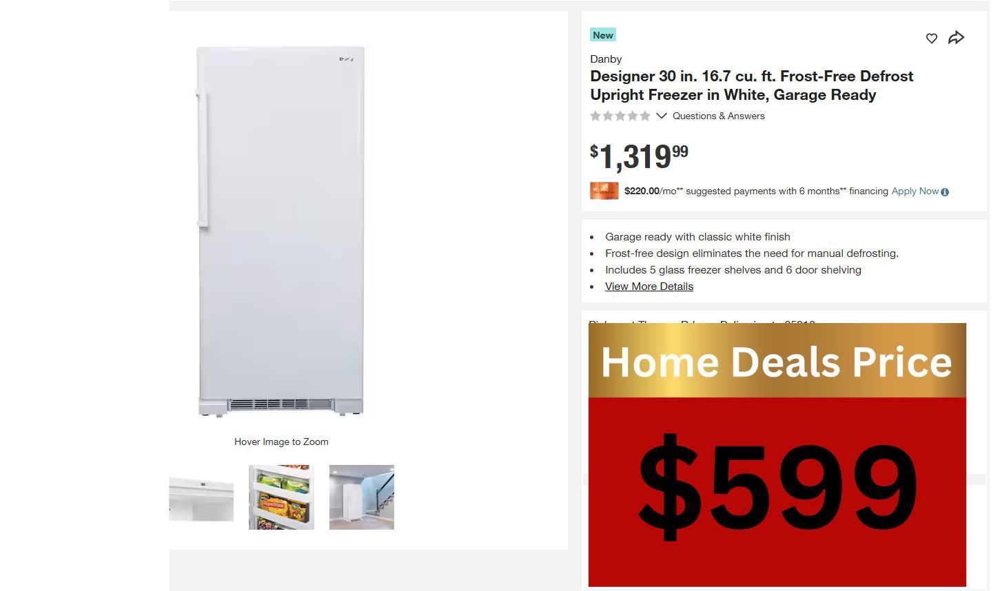 Danby 16.7 Cu Ft Upright Freezer – Frost Free, Adjustable Shelving