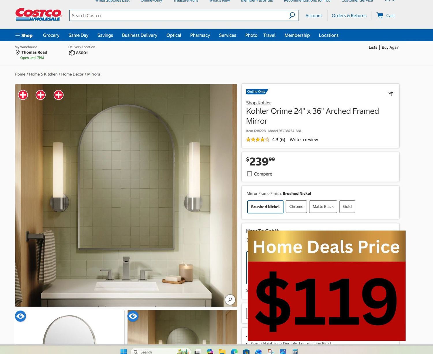 Kohler Orime 24" x 36" Arched Framed Mirror