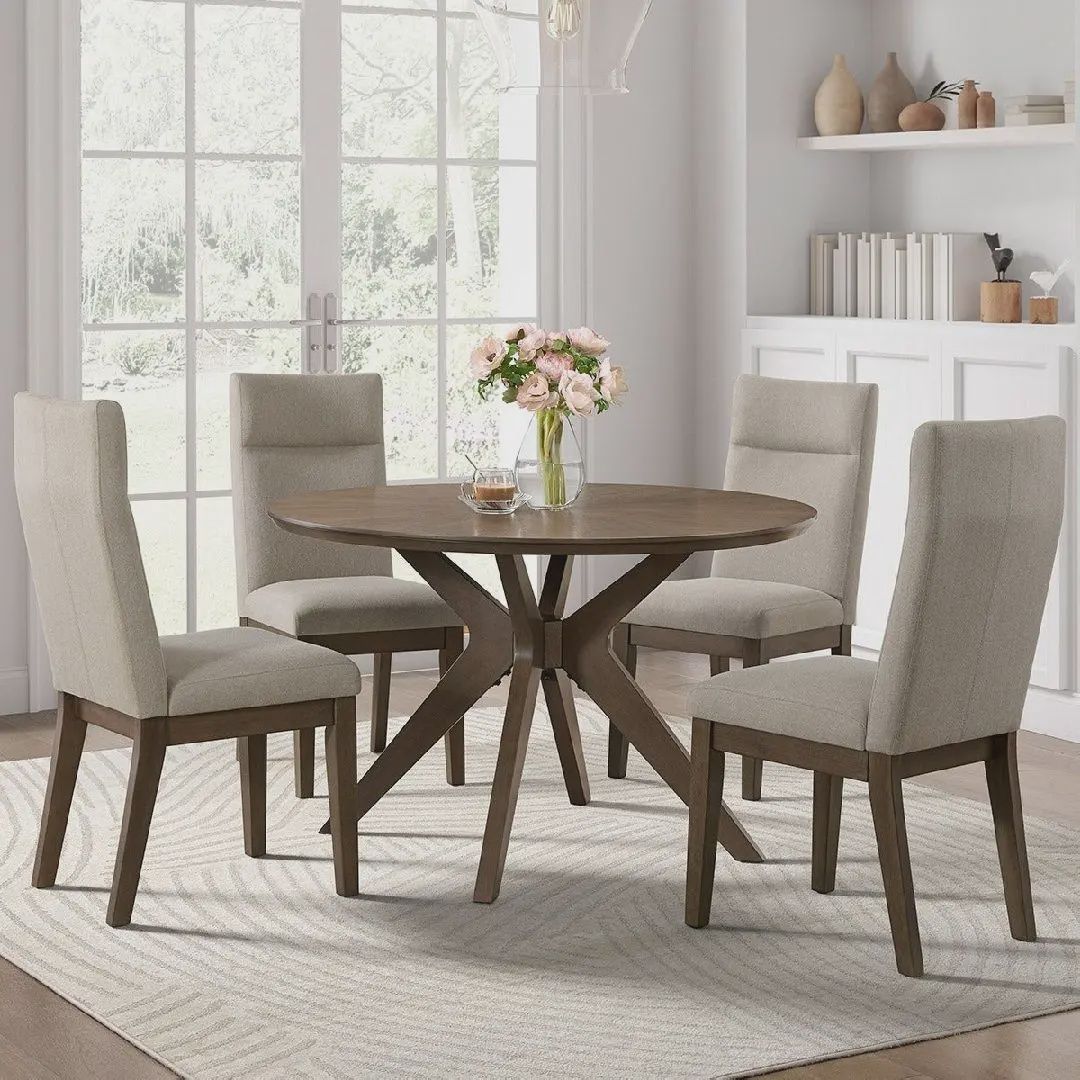 Sophie 48″ Round Dining Table with 4 Upholstered Chairs – Walnut Veneer Wood Dining Set – 1862004 – CTCO5PD-14