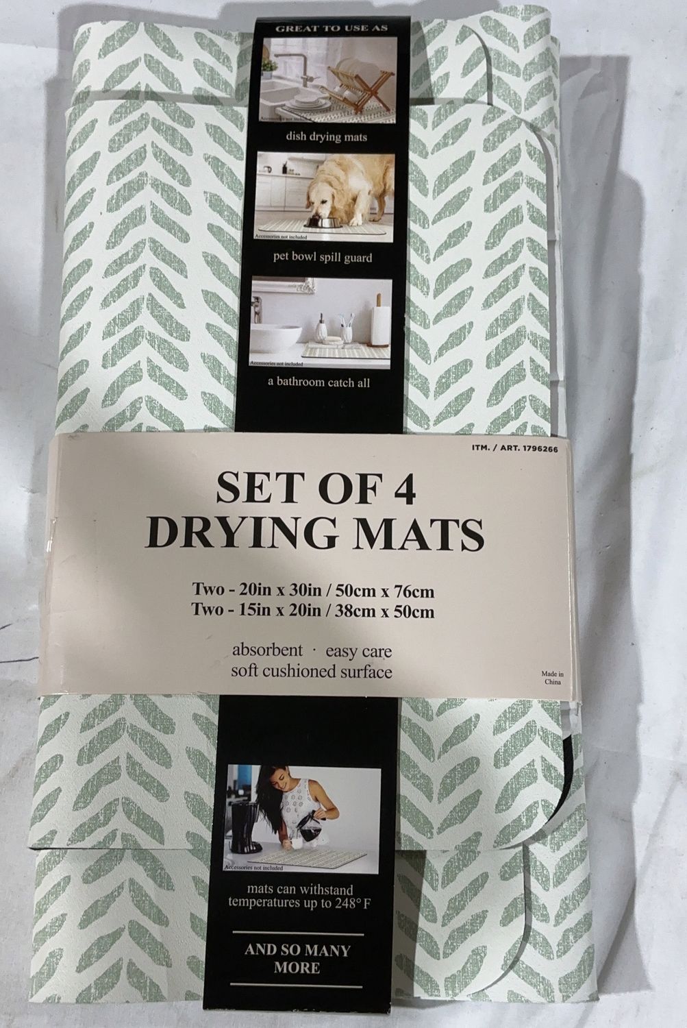 Set of 4 Multi-Purpose Drying Mats – Sage Leaf Design-Open Box