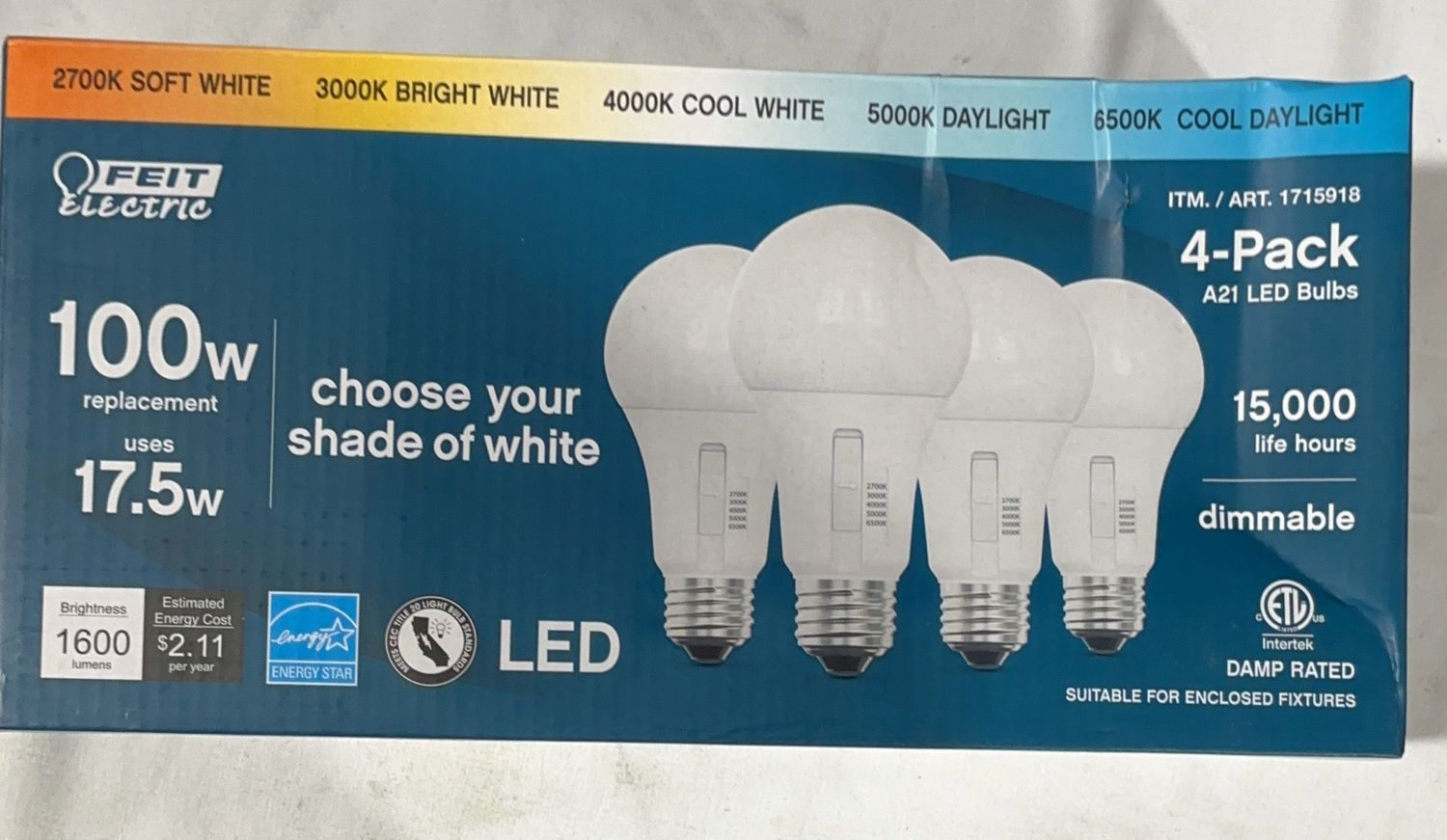 FEIT 100W 5-CCT 4PK  Costco Item 1715918-Like New