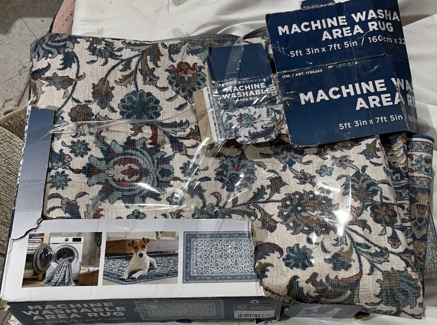 Machine Washable Area Rug 5’3” x 7’5” – Blue Floral Design-OPEN BOX