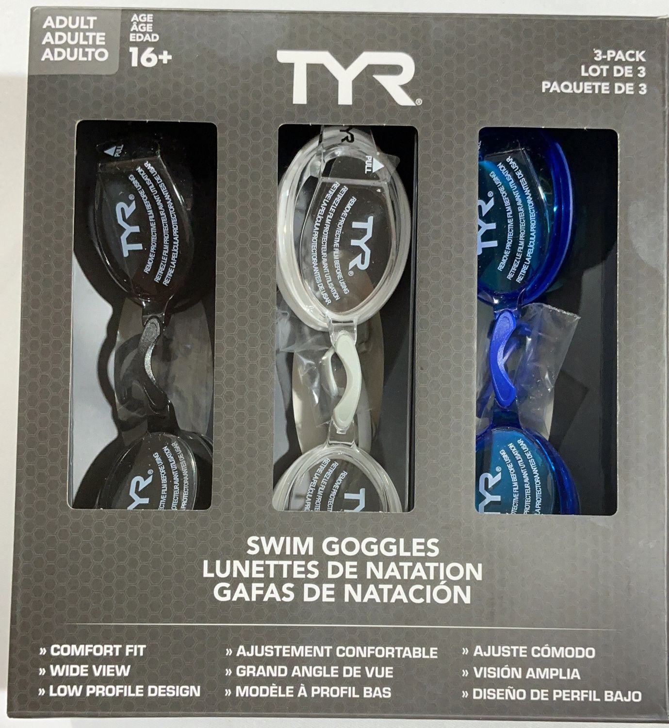 TYR ADULT GOGGLES 3-PK – Water Sports Personal Care Product – Item 1819571 OPEN BOX