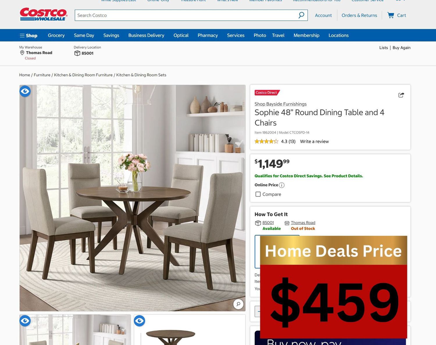 Sophie 48″ Round Dining Table with 4 Upholstered Chairs – Walnut Veneer Wood Dining Set – 1862004 – CTCO5PD-14 OPEN BOX