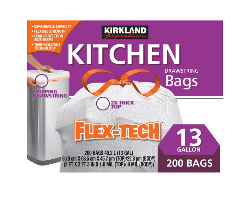 Kirkland Signature Flex-Tech 13-Gallon Kitchen Trash Bag, 200-count Item 1089787