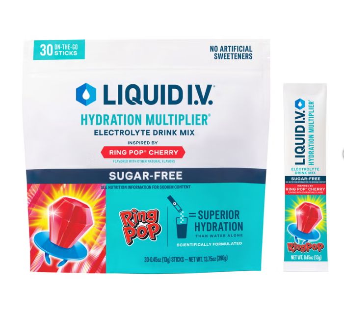 Liquid I.V. Hydration Multiplier, 30 Individual Serving Stick Packs in Resealable Pouch, Sugar Free, Ring Pop Cherry Item 2049359
