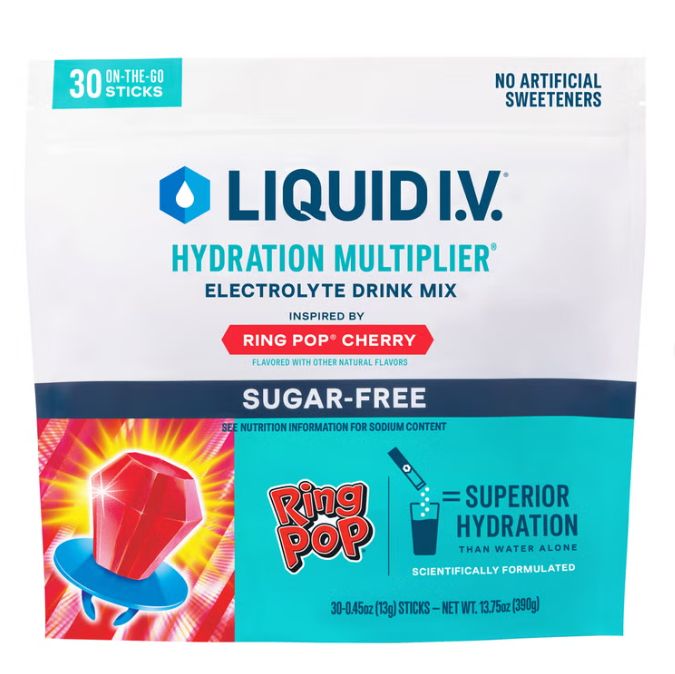 Liquid I.V. Hydration Multiplier, 30 Individual Serving Stick Packs in Resealable Pouch, Sugar Free, Ring Pop Cherry Item 2049359