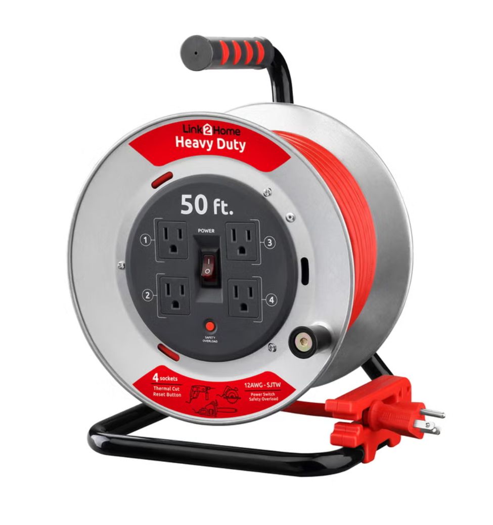 Link2Home Heavy Duty Professional Grade Metal Cord Reel – High Visibility 50 ft. 12 AWG SJTW Extension Cord with 4 Power Outlets Item 1451127