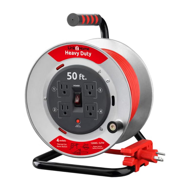 Link2Home Heavy Duty Professional Grade Metal Cord Reel – High Visibility 50 ft. 12 AWG SJTW Extension Cord with 4 Power Outlets Item 1451127