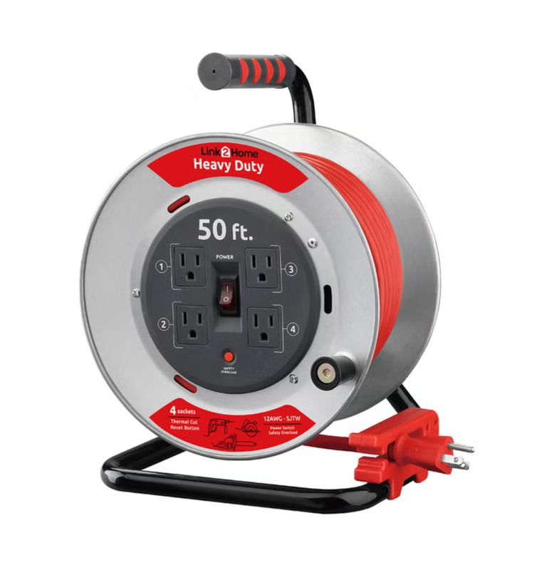Link2Home Heavy Duty Professional Grade Metal Cord Reel – High Visibility 50 ft. 12 AWG SJTW Extension Cord with 4 Power Outlets Item 1451127