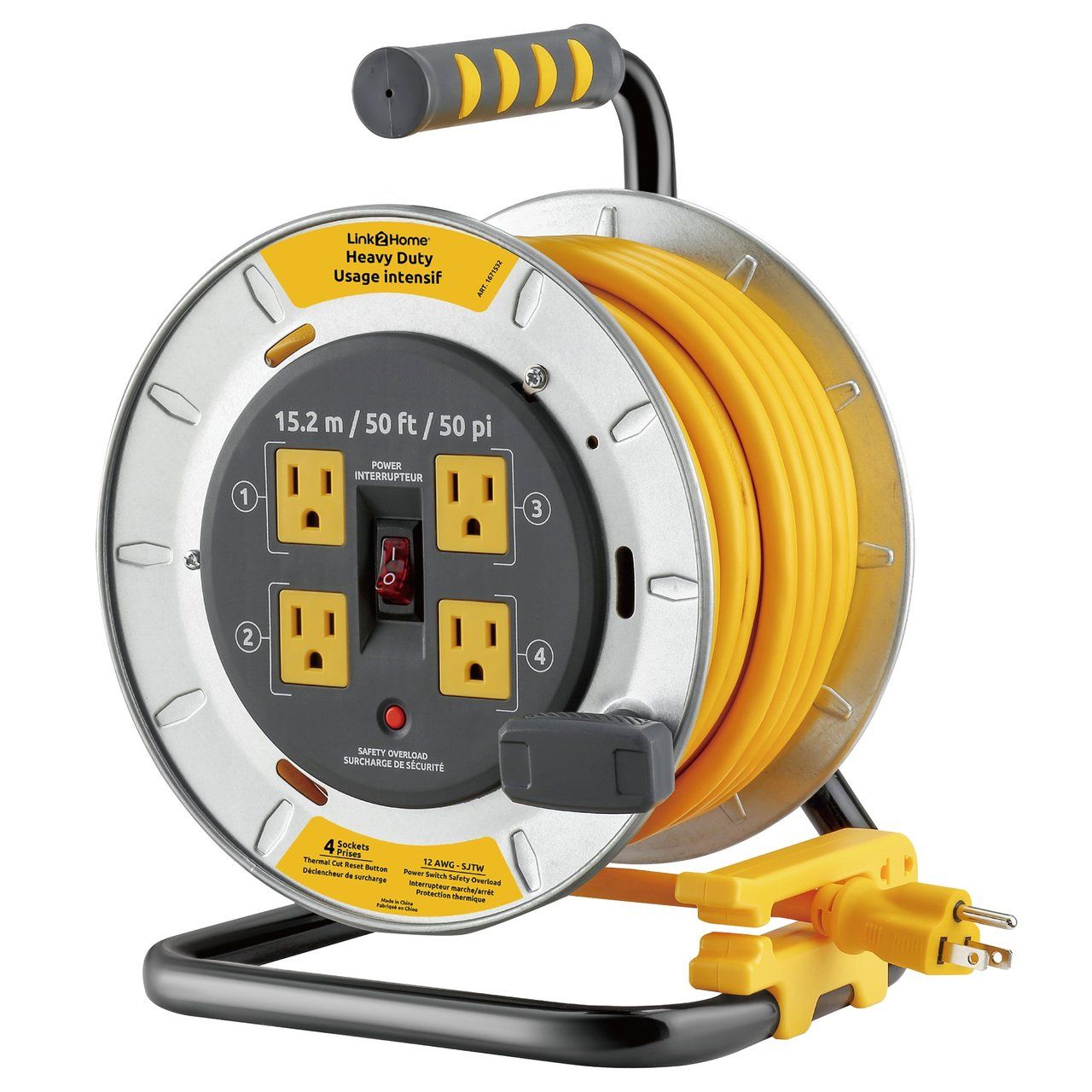 Link2Home Heavy Duty 50 ft Metal Cord Reel with 4 Power Outlets, 12 AWG SJTW Item #1938034