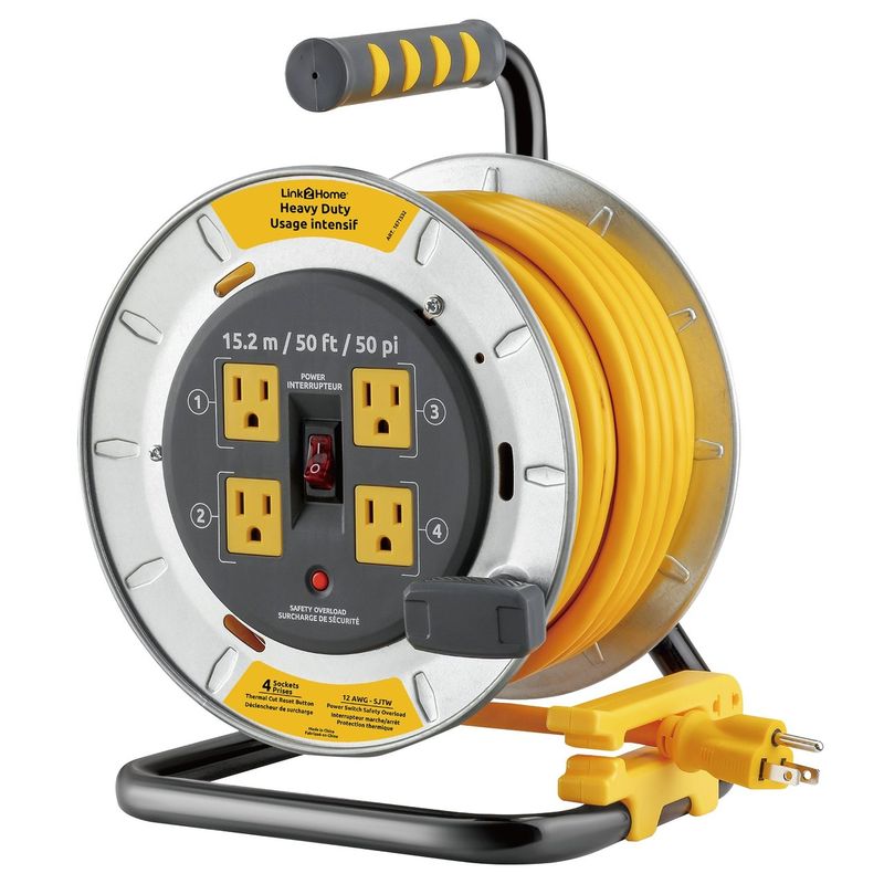 Link2Home Heavy Duty 50 ft Metal Cord Reel with 4 Power Outlets, 12 AWG SJTW Item #1938034