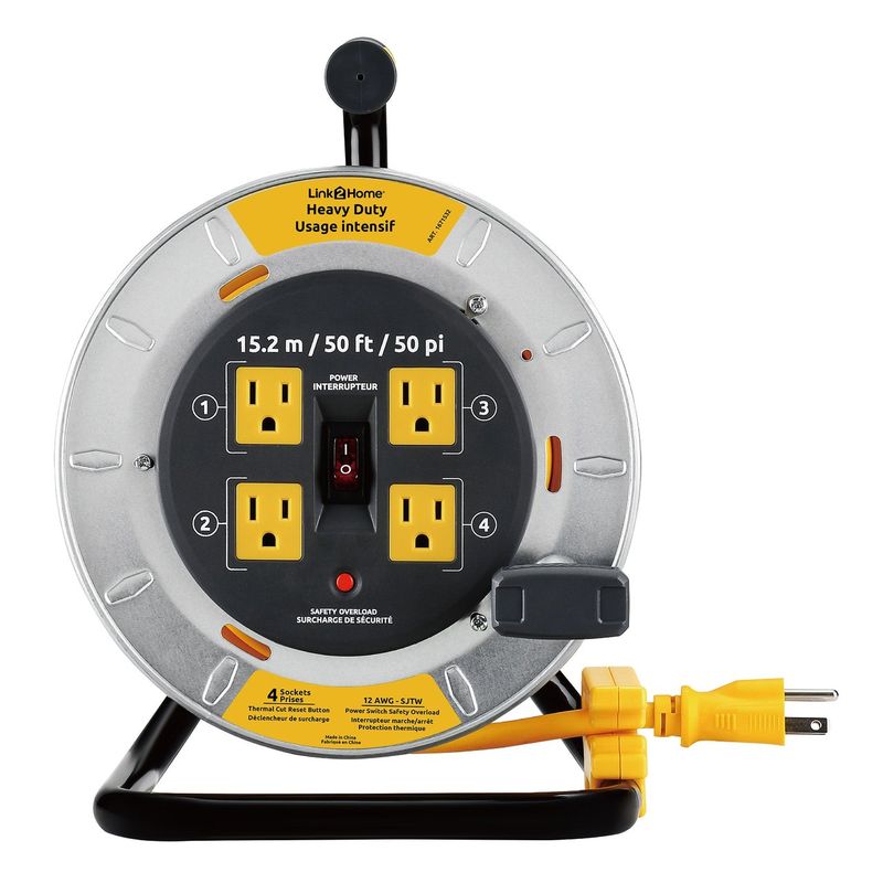 Link2Home Heavy Duty 50 ft Metal Cord Reel with 4 Power Outlets, 12 AWG SJTW Item #1938034