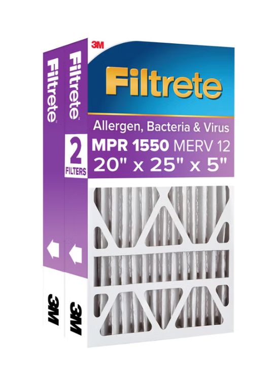 M3 Filtrete Air Filter 5”, MPR 1550 MERV 12, Ultra Allergen, Bacteria, and Virus Deep Pleat Filter, 2-pack Item 1519864