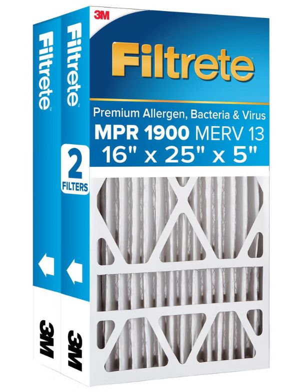 M3 Filtrete Air Filter 5”, MPR 1900 MERV 13, Premium Allergen, Bacteria and Virus Filter, Electrostatic Air Cleaning Deep Pleat Filter, 2-pack Item 1976145