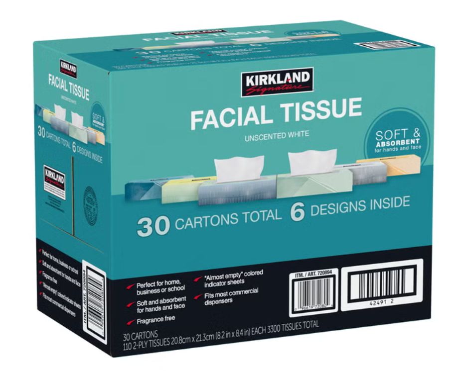 Kirkland Signature Facial Tissue, 2-Ply, 110-count, 30-pack Item 720894