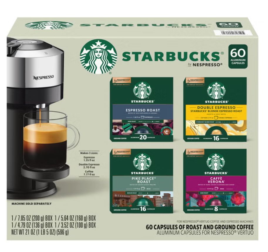 Starbucks Coffee and Espresso Capsules for Nespresso Vertuo Machines 60-count Variety Pack, 100% Arabica Coffee Item 6992988