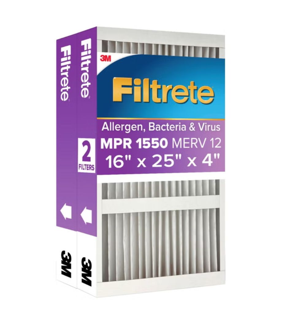 Filtrete Air Filter 4”, MPR 1550 MERV 12, Ultra Allergen, Bacteria, and Virus Deep Pleat Filter, 2-pack Item 1284787 16 x 25 x 4