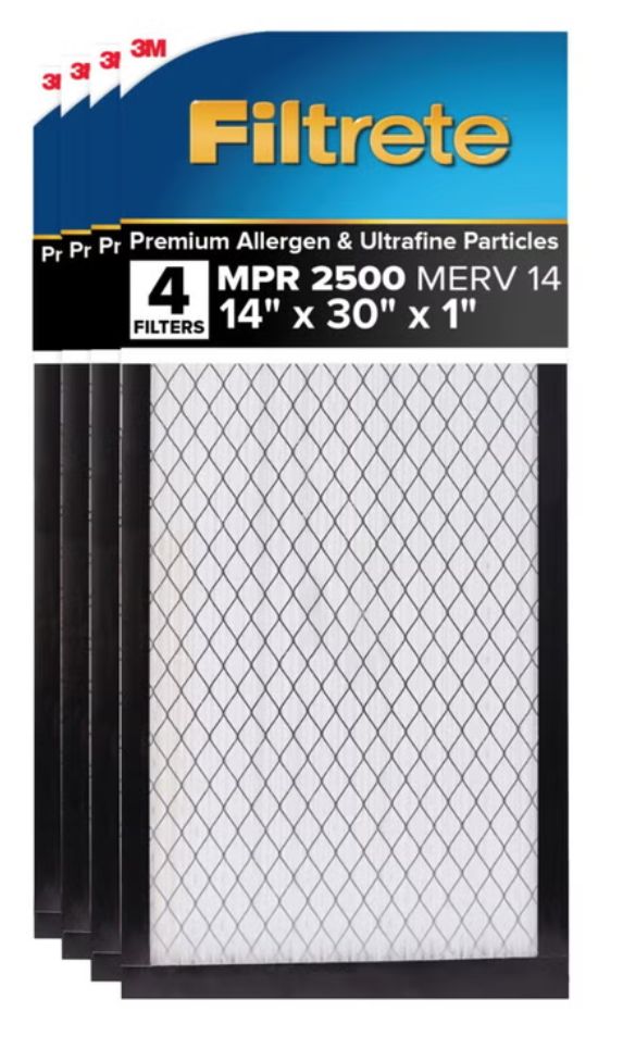Filtrete Air Filter 1”, MPR 2500 MERV 14, High Performance Premium Allergen, Ultrafine Particles, Bacteria and Virus Filter, 4-pack Item 1744670 14 x 30 x 1
