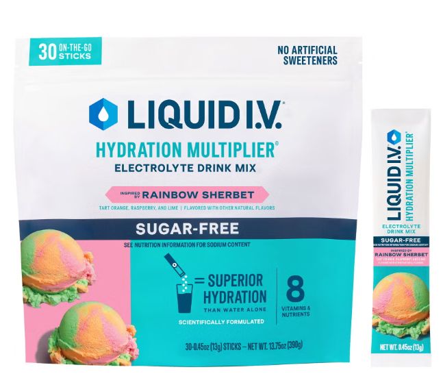 Liquid I.V. Hydration Multiplier, 30 Individual Serving Stick Packs in Resealable Pouch, Sugar Free, Rainbow Sherbet Item 1947971