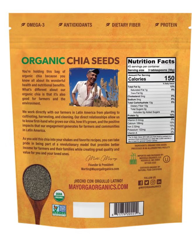 Mayorga Organic Chia Seeds, USDA Organic, NON-Gmo verified, 3lb, 1-pack Item 1389703