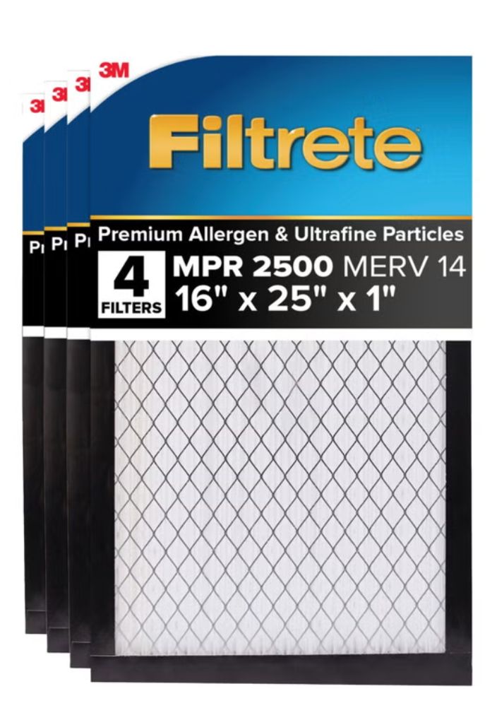 Filtrete Air Filter 1”, MPR 2500 MERV 14, High Performance Premium Allergen, Ultrafine Particles, Bacteria and Virus Filter, 4-pack 16 x 25 x 1 Item 1744673