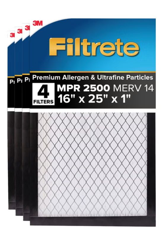 Filtrete Air Filter 1”, MPR 2500 MERV 14, High Performance Premium Allergen, Ultrafine Particles, Bacteria and Virus Filter, 4-pack 16 x 25 x 1 Item 1744673