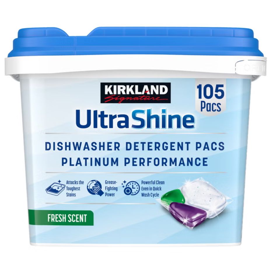 Kirkland Signature UltraShine Dishwasher Detergent Pacs, Fresh, 105-count Item 1982447