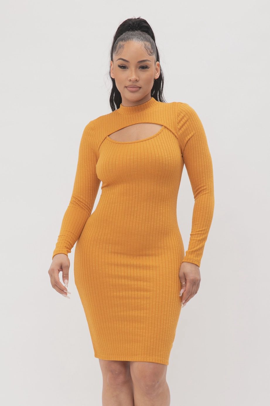 Cut Out Pullover Style Mock Neck Midi Dress, Color: Mustard, Size: Small