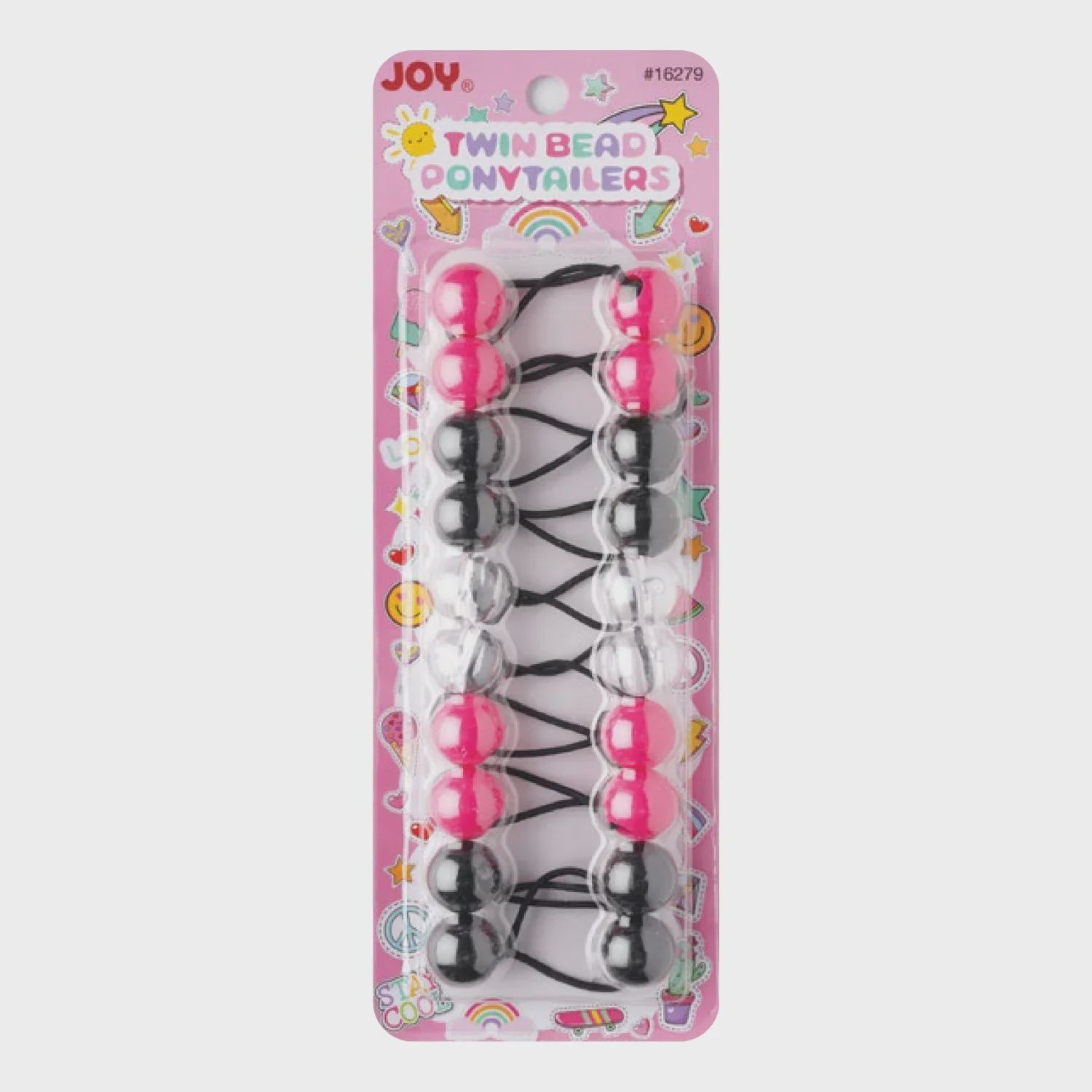 Joy Twin Beads Ponytailers 10ct Black, Pink, &amp; Clear