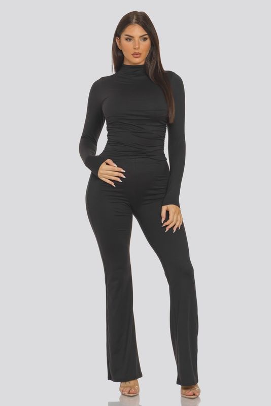 Mock Neck Shirring Top &amp; Flare Leggings