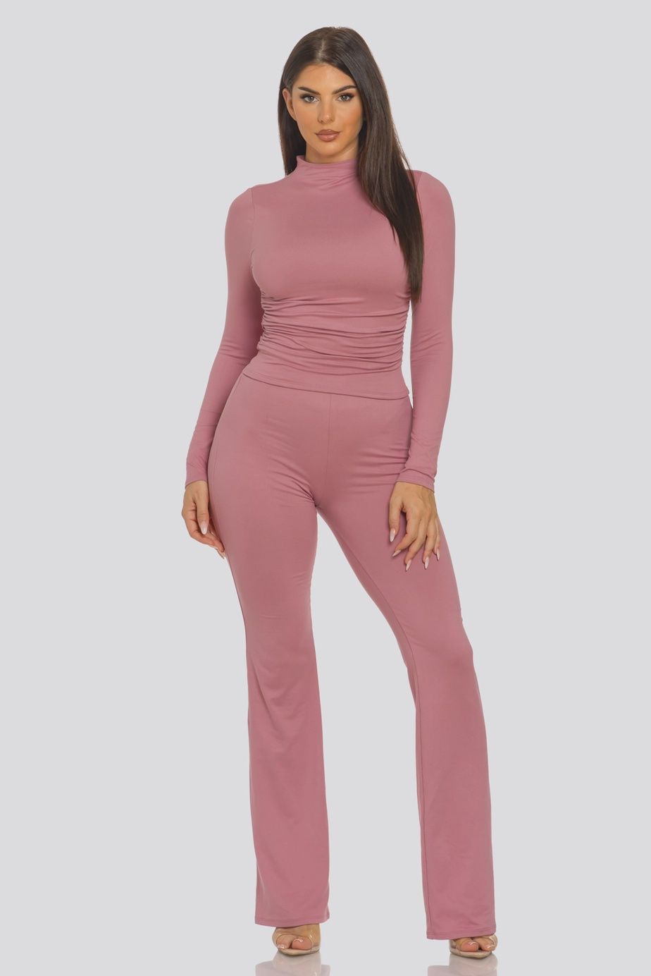 Mock Neck Shirring Top &amp; Flare Leggings, Color: Mauve, Size: Small