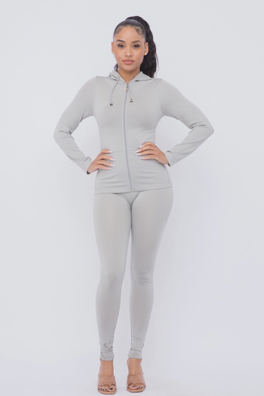 Seamless Zip Up Hoodie Jacket &amp; Leggings Set, Color: Grey