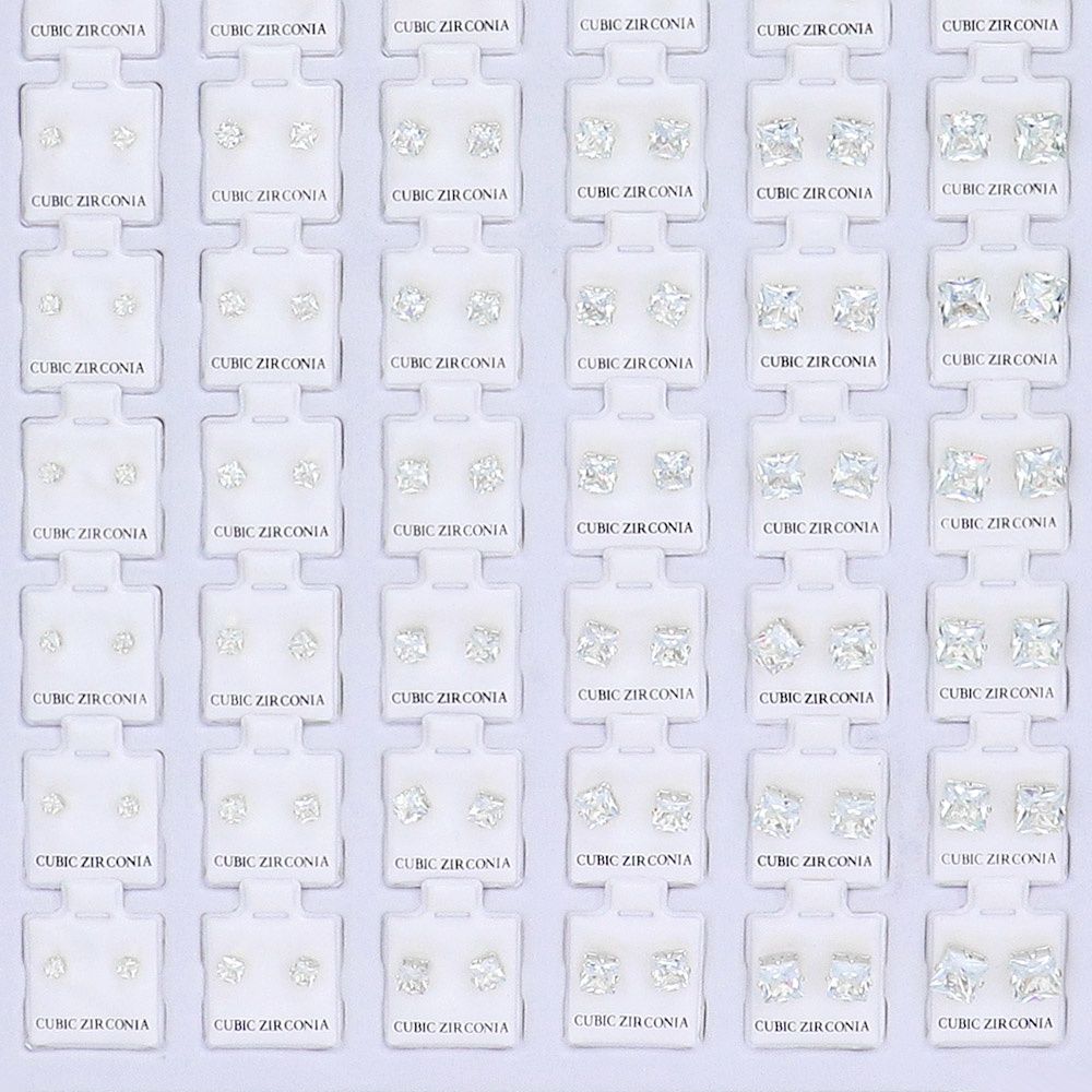 Square Cz Stone Stud Earrings, Color: Silver, Size: 3mm