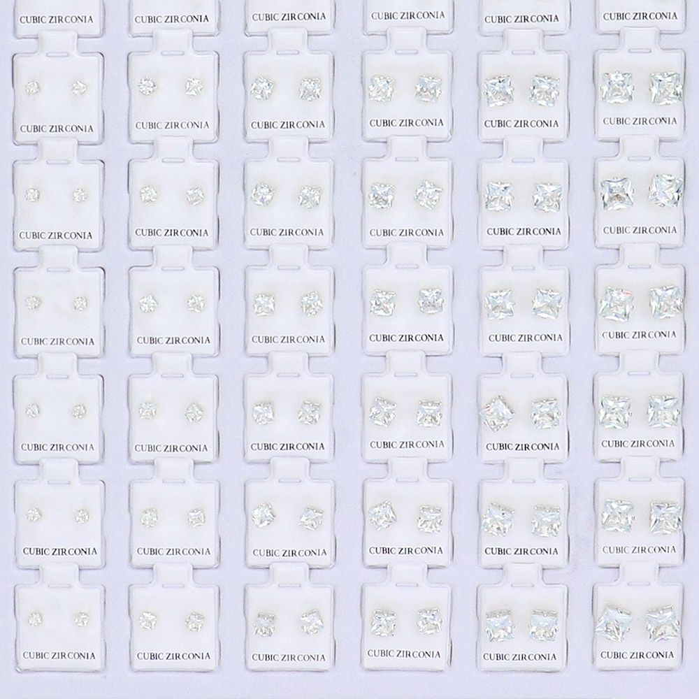 Square Cz Stone Stud Earrings, Color: Silver, Size: 3mm
