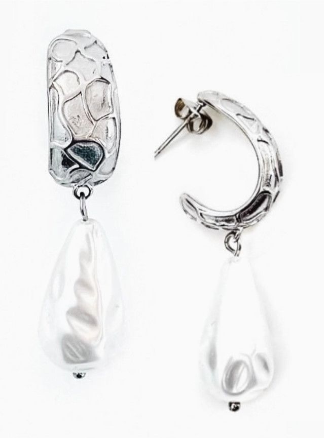 Emroy Pearl Textured Hoop Earrings Silver